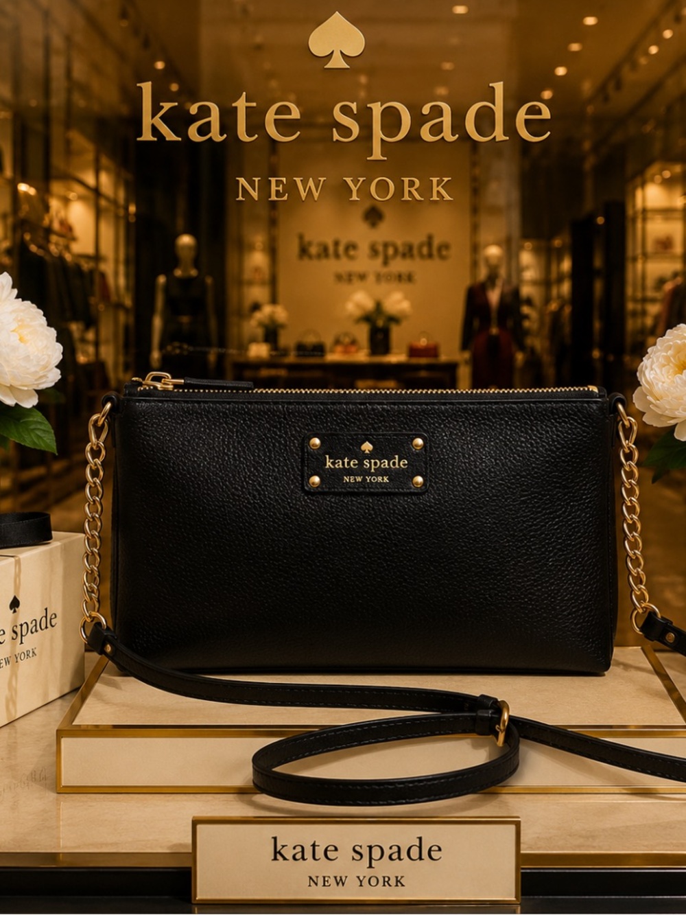 NWOT Kate Spade Wellesley Declan Black Leather Crossbody Bag Gold Chain Strap